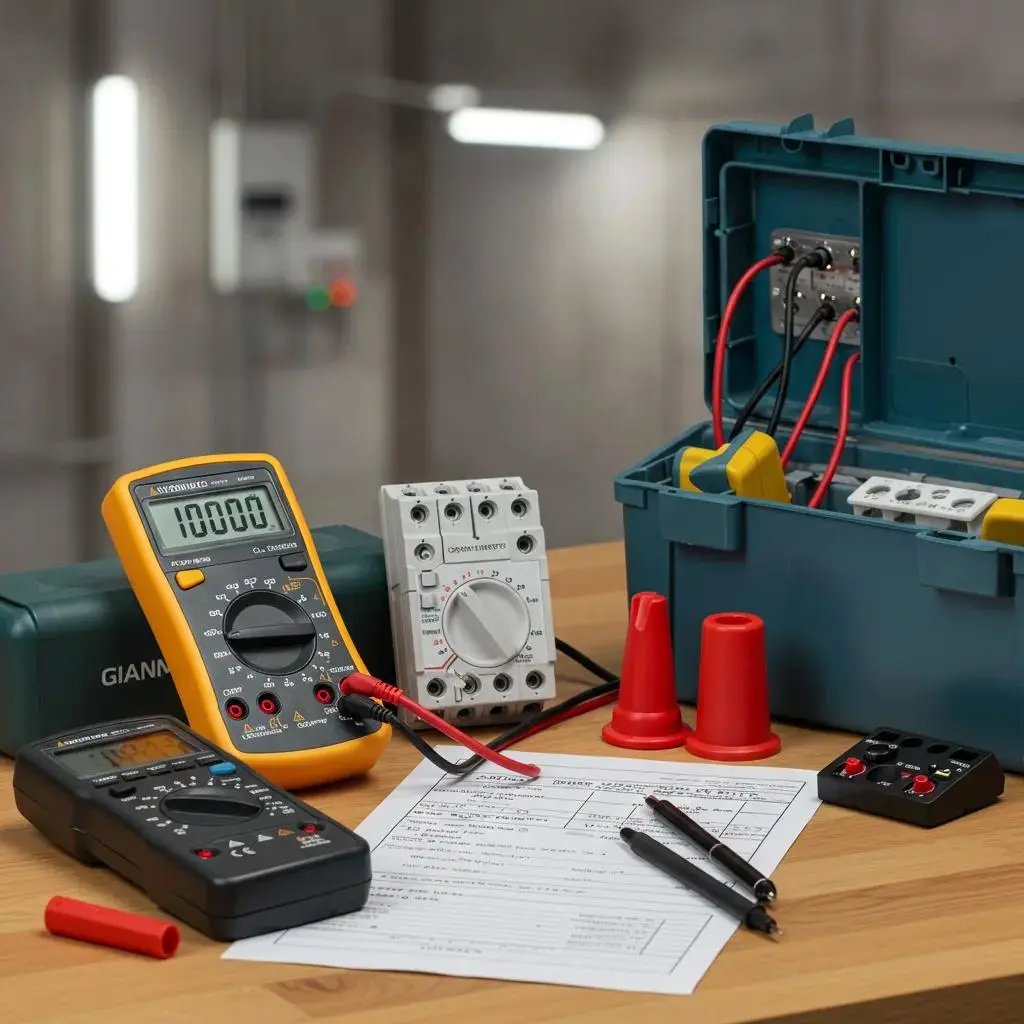 An electrician's test equipment and EICR checklist laid out ready for an inspection